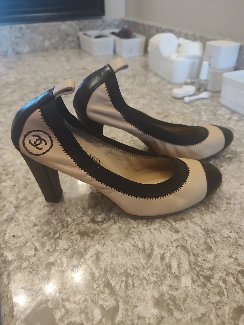 Chanel Two-Tone Beige and Black Leather Pumps Size 38.5